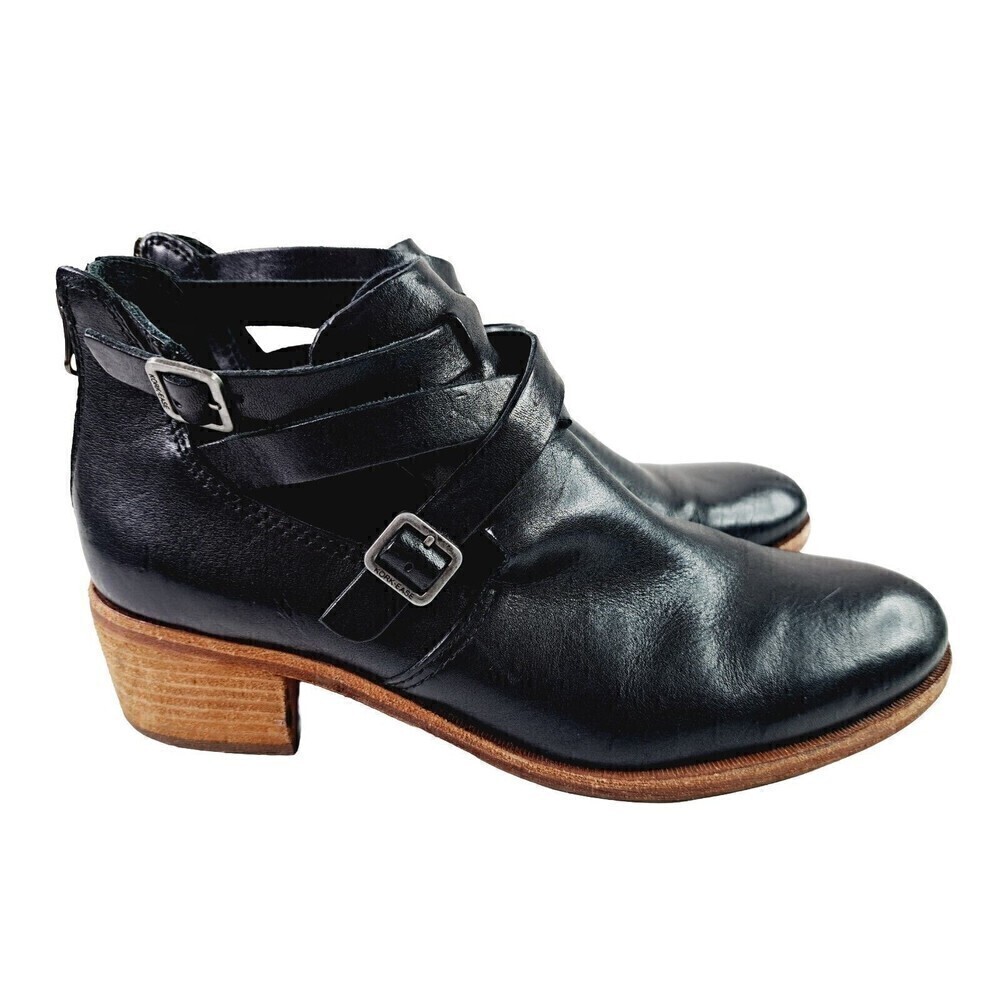 Kork-Ease Jardin Buckle Strap Black Leather Ankle Bootie/Back Zip Size 11M